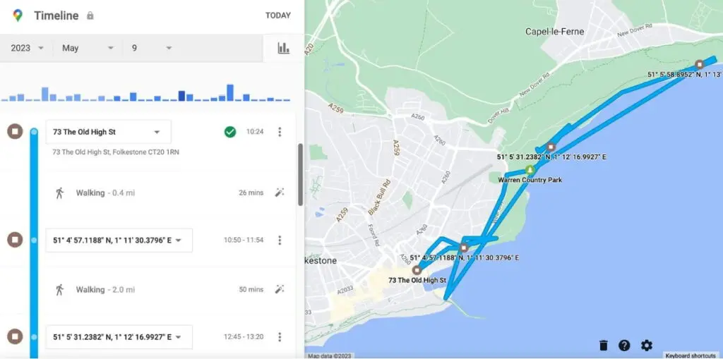 Oś czasu Google — zapisana trasa na mapie