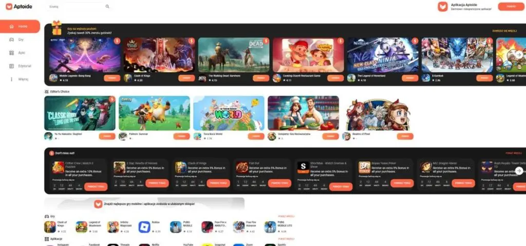 Menu główne Aptoide