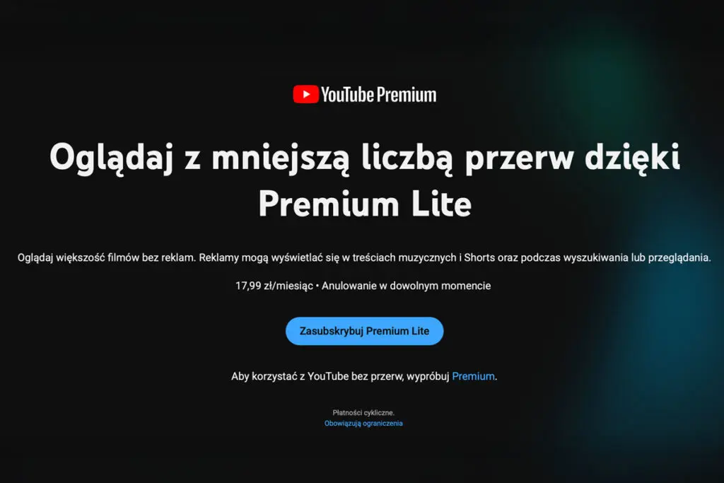 subskrypcja YouTube premium lite