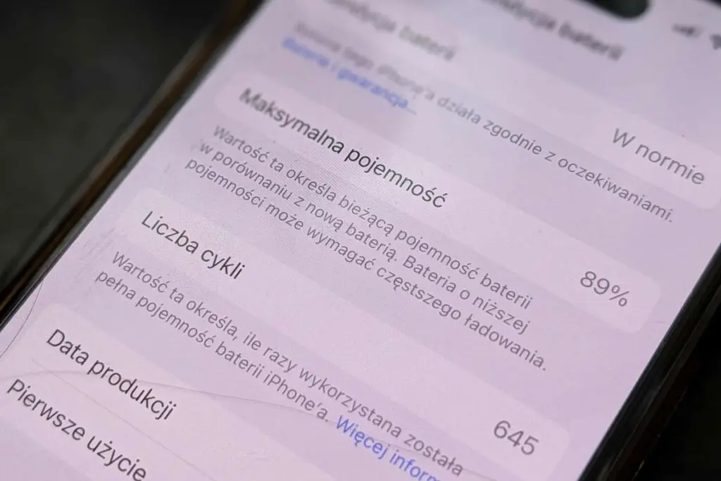 kondycja baterii iPhone na zdjęciu