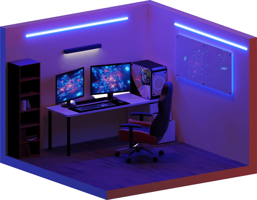 Nowoczesny pokój gamingowy z biurkiem, dwoma monitorami, komputerem RGB i oświetleniem LED