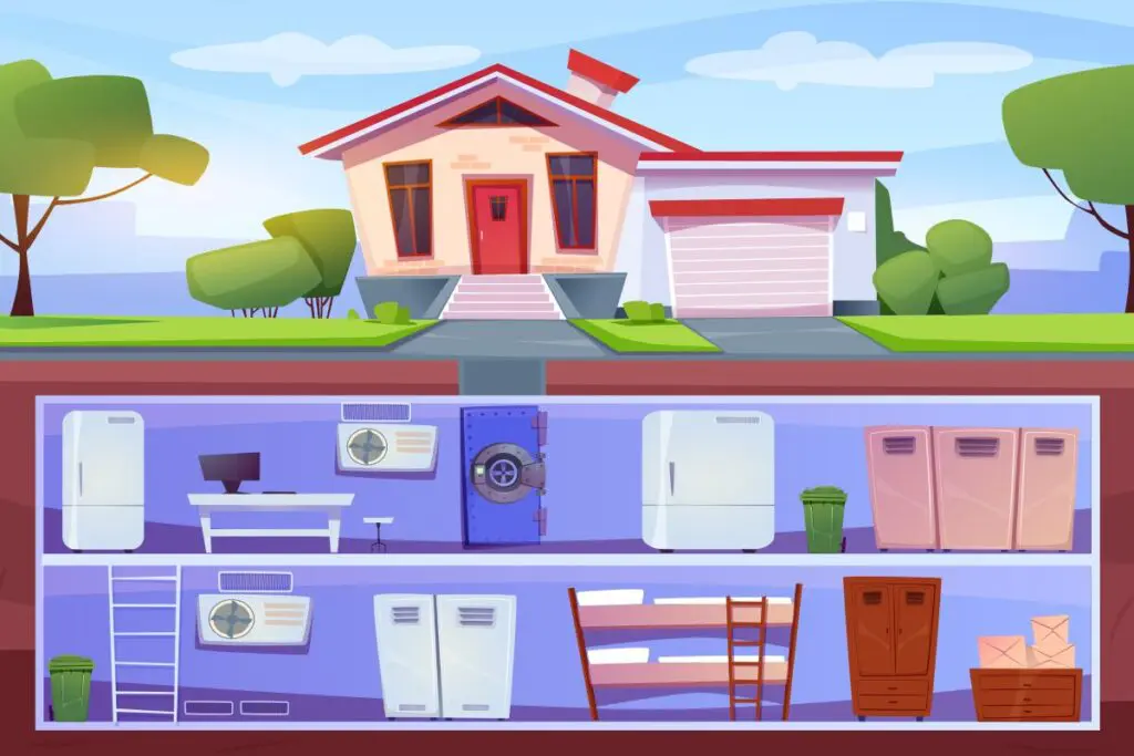 Ilustracja przedstawiająca przekrój domu z panic roomem w piwnicy, wyposażonym w niezbędne urządzenia i zapasy.