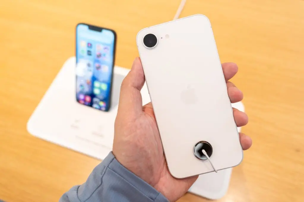 iPhone 16e trzymany w ręce podczas prezentacji w sklepie Apple