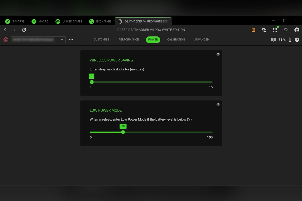 Razer DeathAdder V4 Pro White Razer Synapse opcje zasilania
