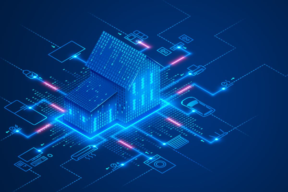 Wizualizacja inteligentnego domu połączonego z urządzeniami smart przez sieć
