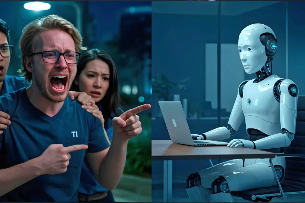 ai na laptopie i płaczący ludzie